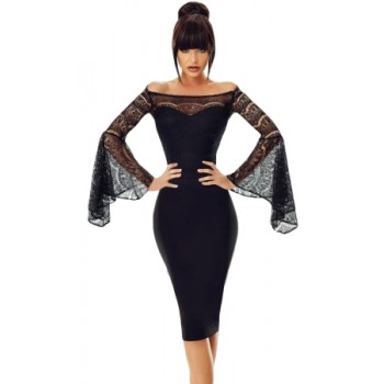 Black Lace Bell Sleeve Off Shoulder Bodycon Party Dress